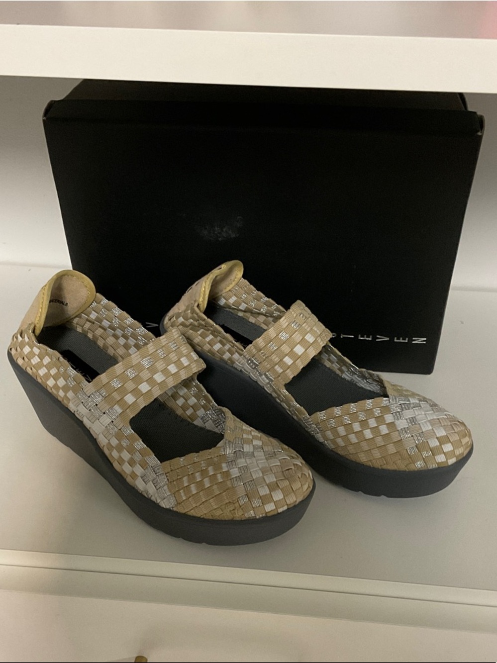 Steven By Steve Madden Beige and Silver Woven Mary Jane Wedges